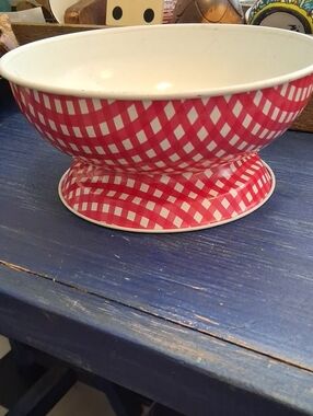 Vintage Metal Red Check Pedestal Serving Bowl - Home Kitchen